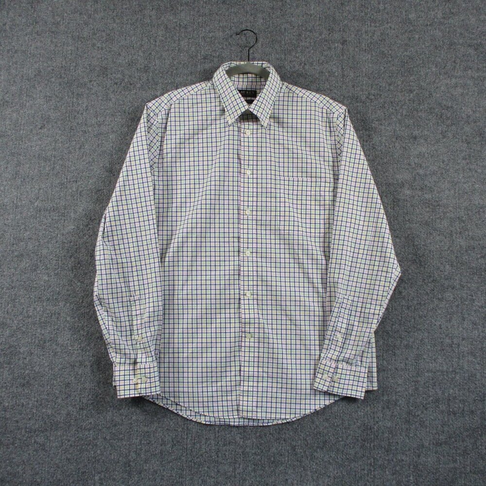 Ralph Lauren Shirt Mens L Blue Yellow Windowpane Plaid Button Down Stretch LRL